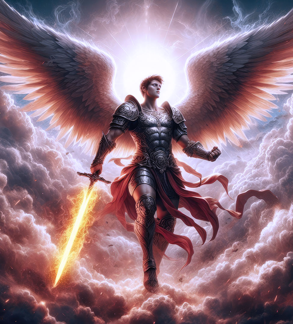 Erzengel Michael mit Flammenschwert und Rüstung