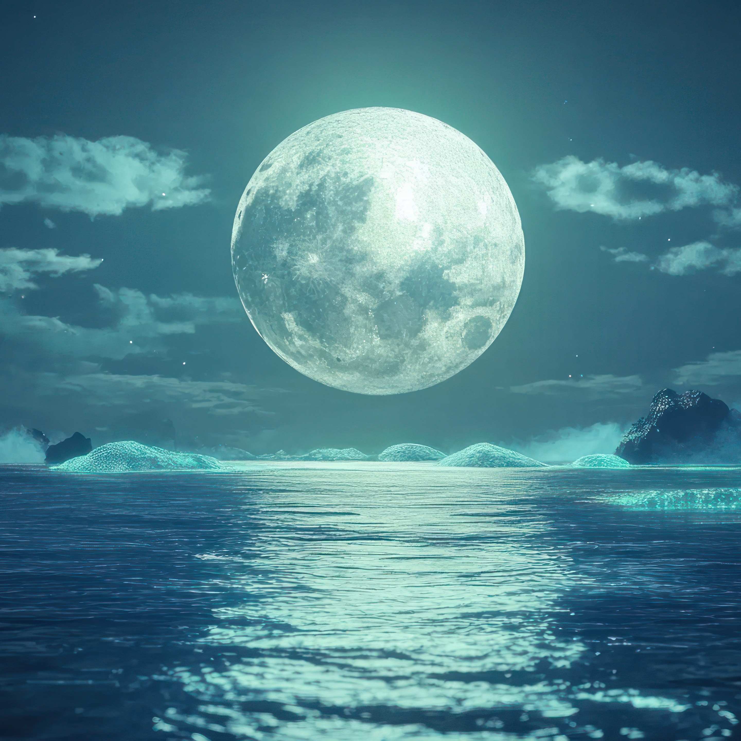 Ein riesiger, leuchtender Vollmond spiegelt sich in einer ruhigen, nächtlichen Meereslandschaft.