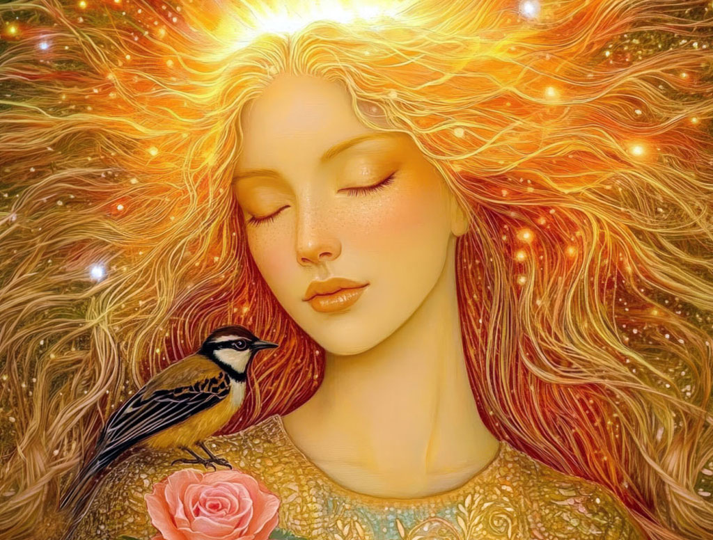 Leuchtendes Energiebild einer Frau mit geschlossenen Augen und fließendem, goldenen Haar, umgeben von funkelndem Licht; ein kleiner Vogel sitzt neben einer rosafarbenen Blüte.