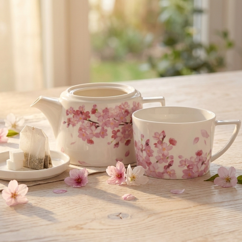 Ein weißes Teeservice mit rosa Kirschblütenmuster steht zusammen mit Teebeuteln, Zuckerwürfeln und verstreuten Blüten auf einem hellen Holztisch im warmen Tageslicht.