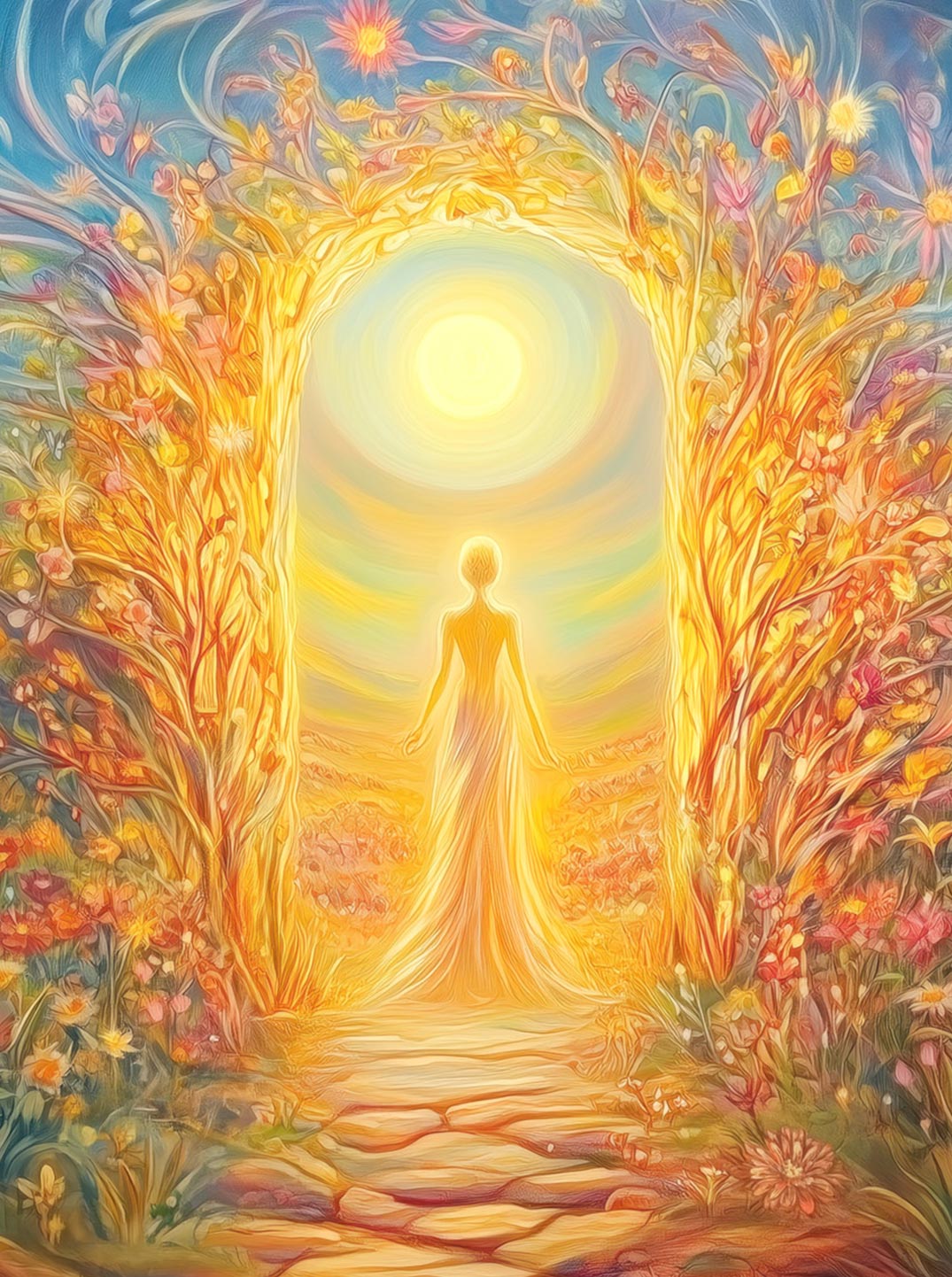 Eine leuchtende, menschliche Silhouette in einem fließenden Gewand schreitet durch einen goldenen Torbogen aus Blüten und Licht. Um sie herum erblühen zahlreiche farbenfrohe Blumen in warmem Sonnenlicht. 