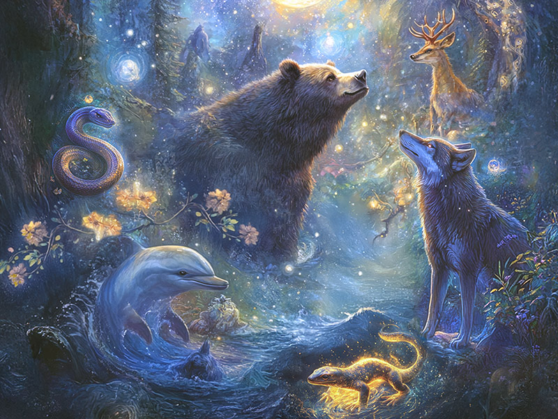 "Ein magisch anmutendes, leuchtendes Fantasiebild zeigt verschiedene Krafttiere in einer nächtlichen Wald- und Wasserlandschaft.