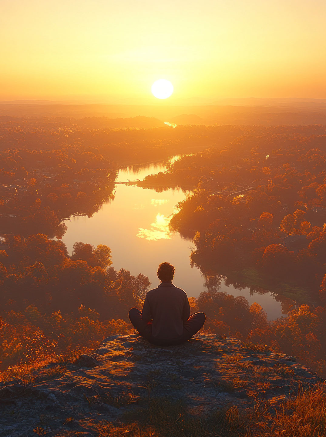 Eine Herbstlandschaft mit leuchtend gefärbten Laubbäumen, einem sanft mäandernden Fluss und tiefstehender Sonne am Horizont. Im Vordergrund sitzt eine Person auf einem Felsvorsprung und betrachtet meditativ das weite Panorama.