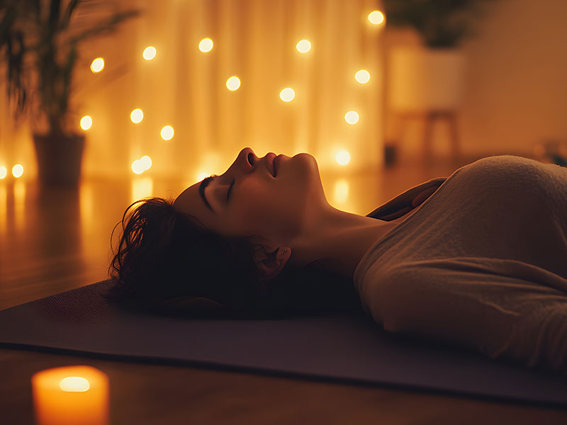 Junge Frau liegt in meditativer Haltung auf einer Yogamatte, umgeben von Kerzenschein und Lichterketten. Die Szene strahlt Ruhe, Achtsamkeit und tiefe Entspannung aus.