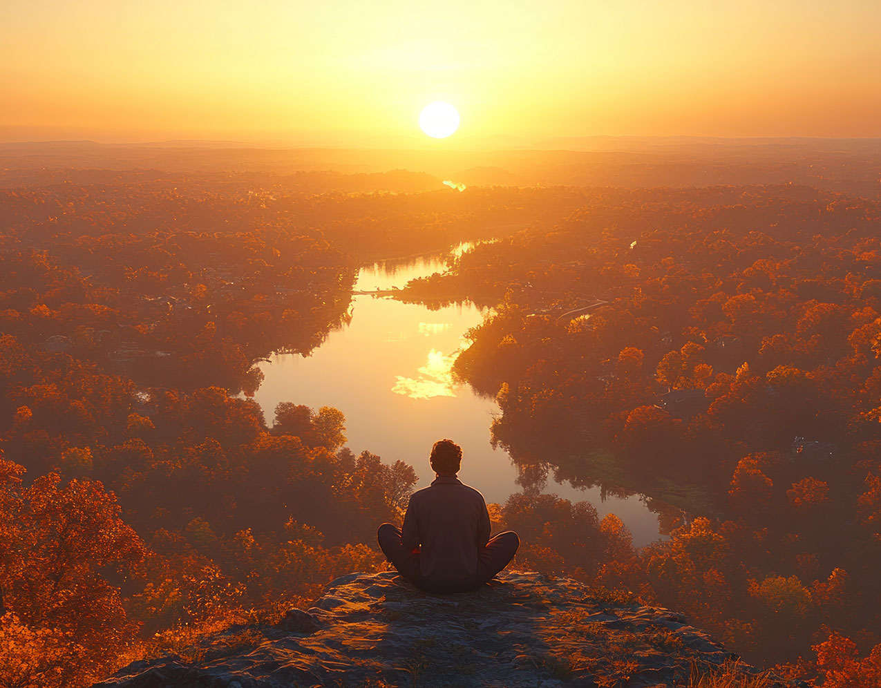 Eine Herbstlandschaft mit leuchtend gefärbten Laubbäumen, einem sanft mäandernden Fluss und tiefstehender Sonne am Horizont. Im Vordergrund sitzt eine Person auf einem Felsvorsprung und betrachtet meditativ das weite Panorama.