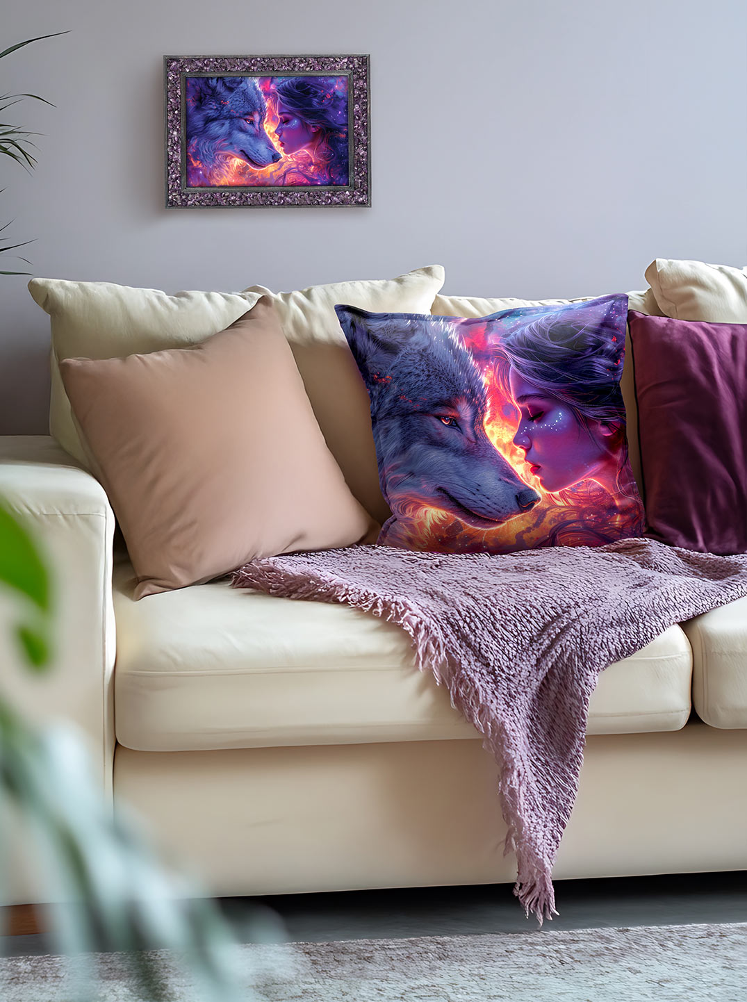 Auf einem Sofa liegt ein auffälliges Kissen. Das Motiv zeigt eine Frau, die dem Krafttier Wolf begegnet, umgeben von einem magischen Farbenspiel. Darüber hängt das passende Energiebild, mit einem Amethyst-besetzten Rahmen.