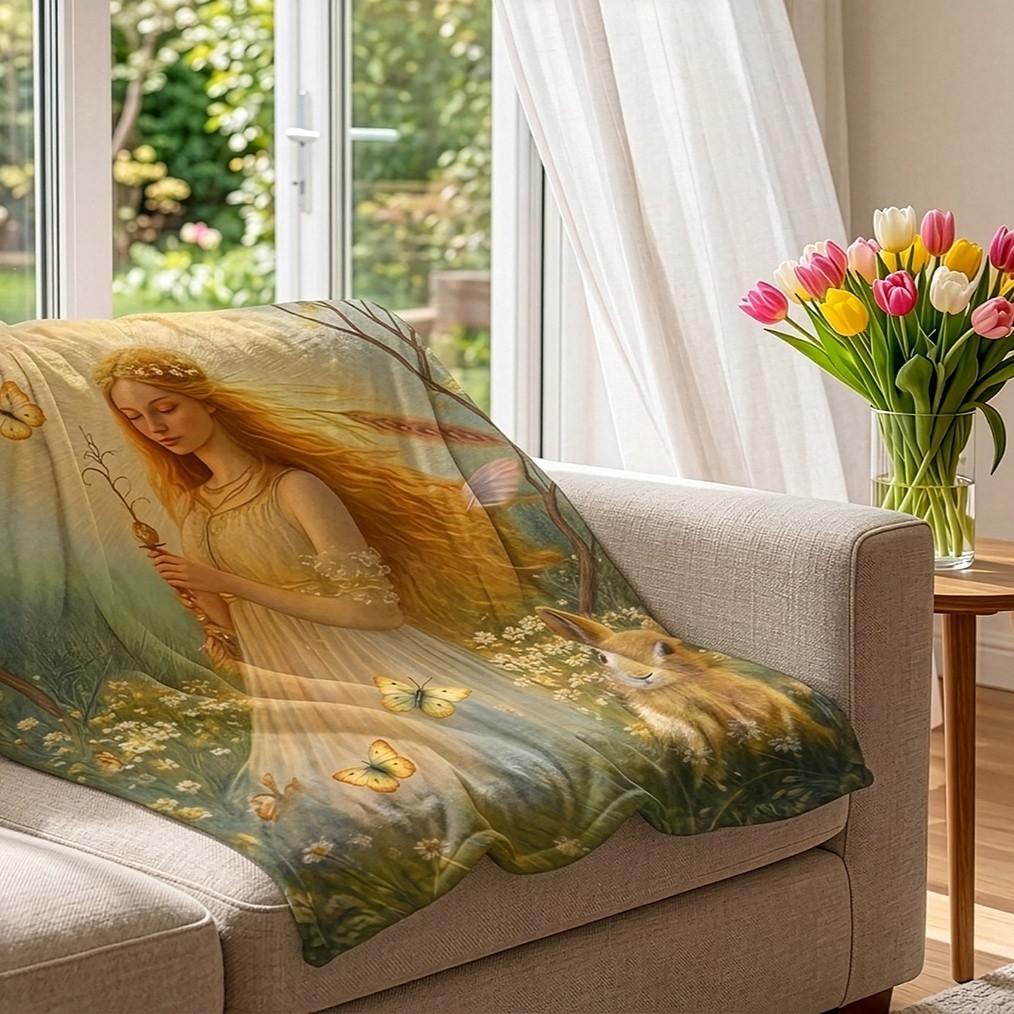 Sofaüberwurf mit verträumter Illustration einer jungen Frau, Schmetterlingen und einem Fuchs liegt in einem hellen Wohnzimmer neben einem Tulpenstrauß.