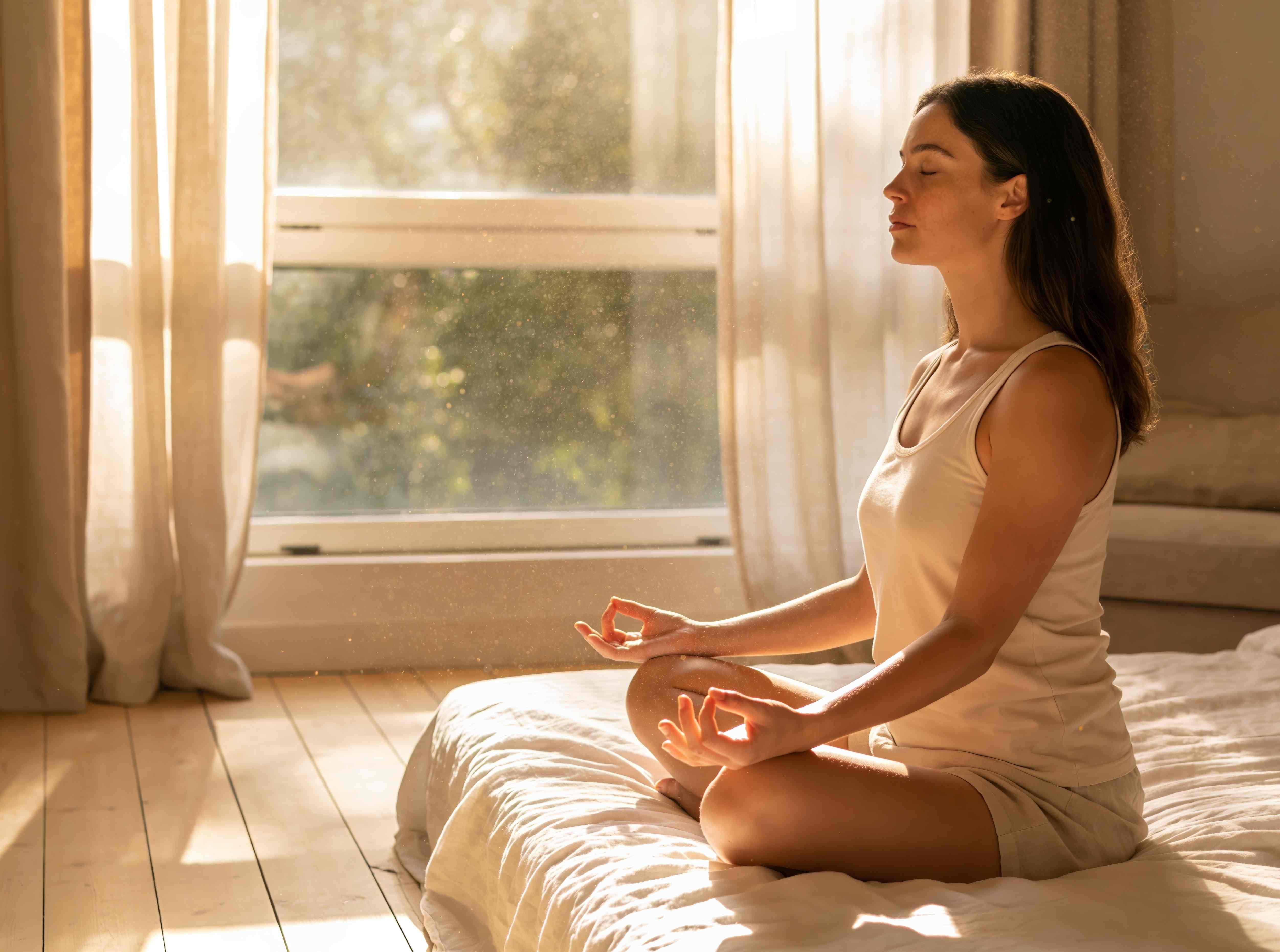 Frau meditiert im Schneidersitz auf einem Bett vor einem sonnendurchfluteten Fenster.