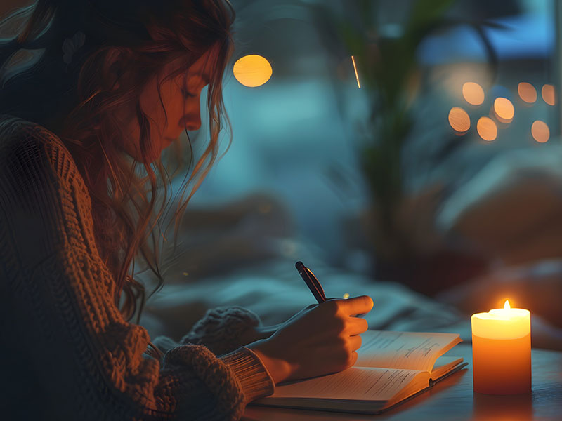 Frau schreibt bei Kerzenschein in ihr Tagebuch. Im Hintergrund leuchten Lichter sanft. Die Szene vermittelt Intimität, Reflexion und einen bewussten Abschluss des Tages.