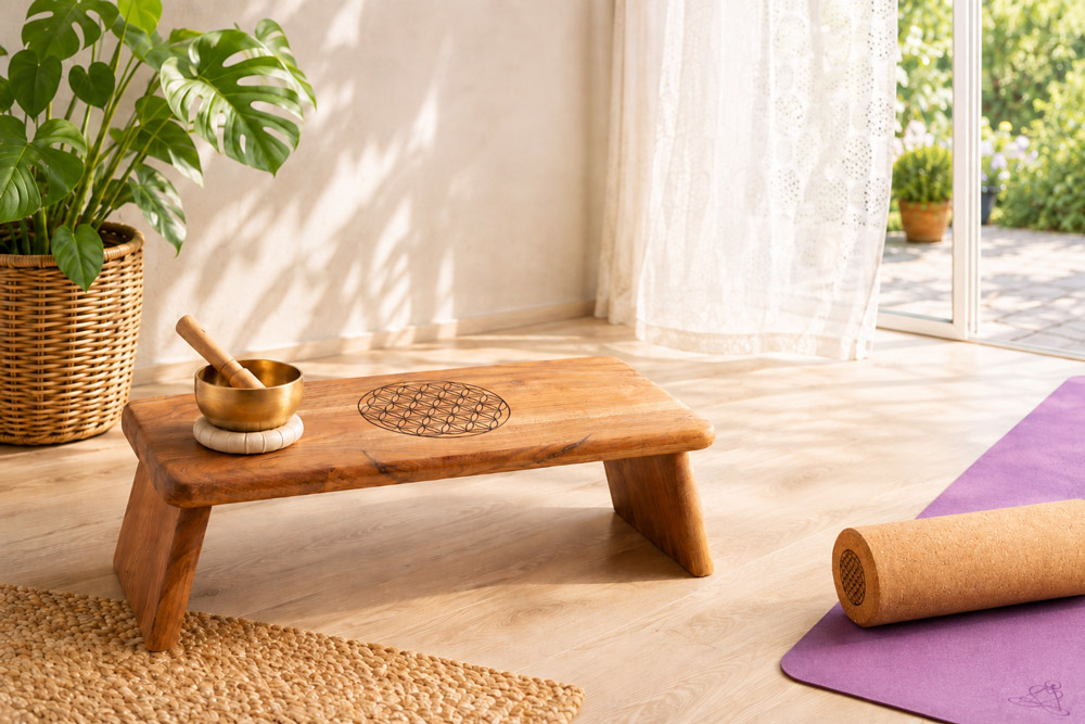 Heller, sonniger Raum mit Meditationsbank aus Holz, auf der eine Klangschale steht. Daneben liegen eine violette Yogamatte und eine Korkrolle; große Grünpflanzen schaffen eine entspannte Atmosphäre.  