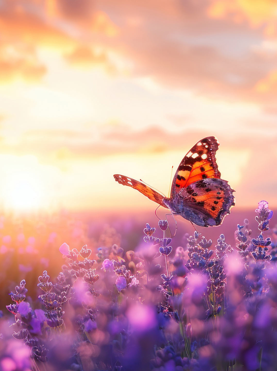Ein Schmetterling mit schwebt über einem weitläufigen Lavendelfeld im goldenen Licht des Sonnenuntergangs.