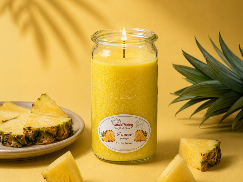 Gelbe Duftkerze im Glas mit Ananas-Duft brennt vor warmem gelbem Hintergrund, umgeben von frischen Ananasstücken und grünen Blättern, die das fruchtige Sommeraroma unterstreichen.