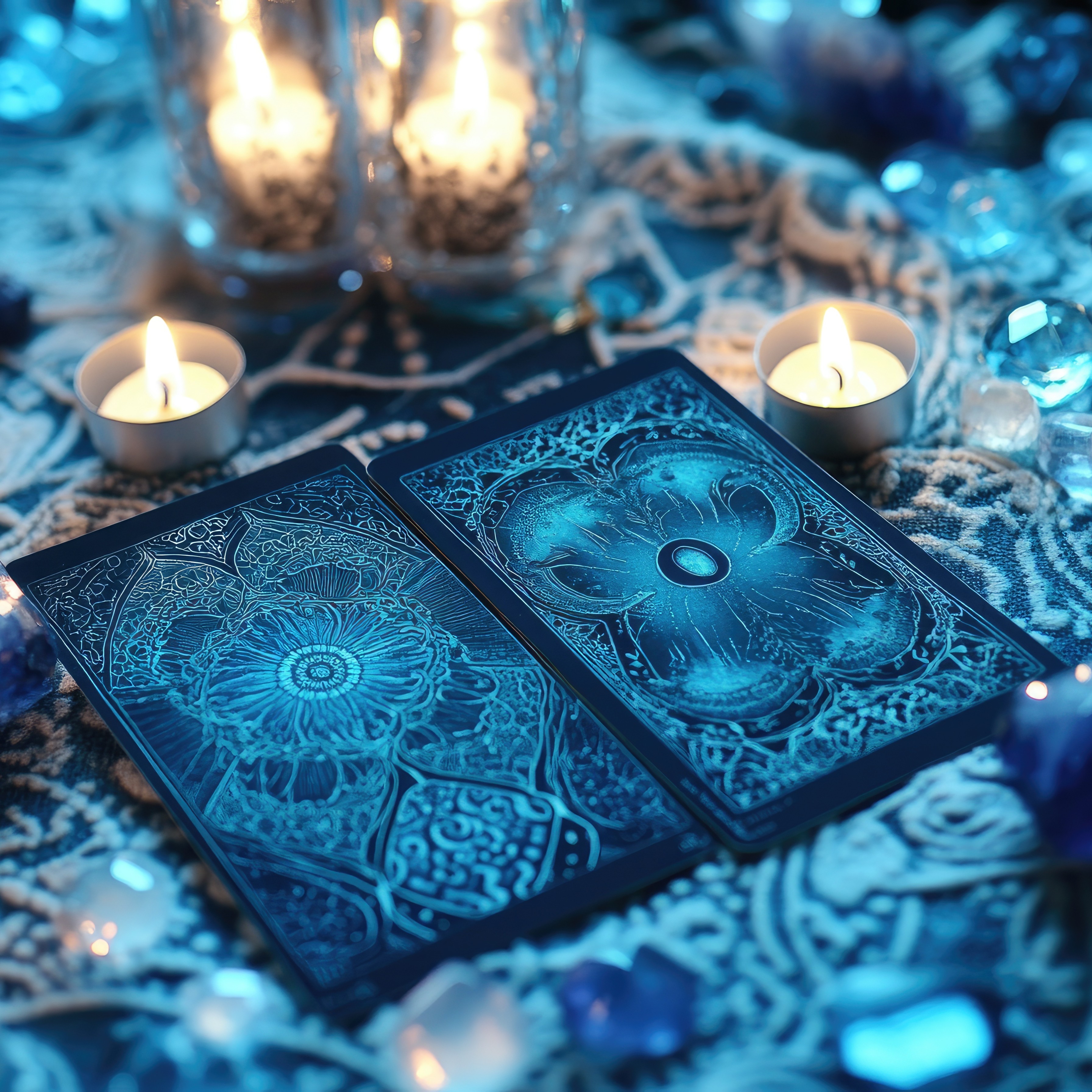 Zwei kunstvoll gestaltete Tarotkarten liegen zwischen Kristallen und brennenden Kerzen auf einem mystischen Tuch.