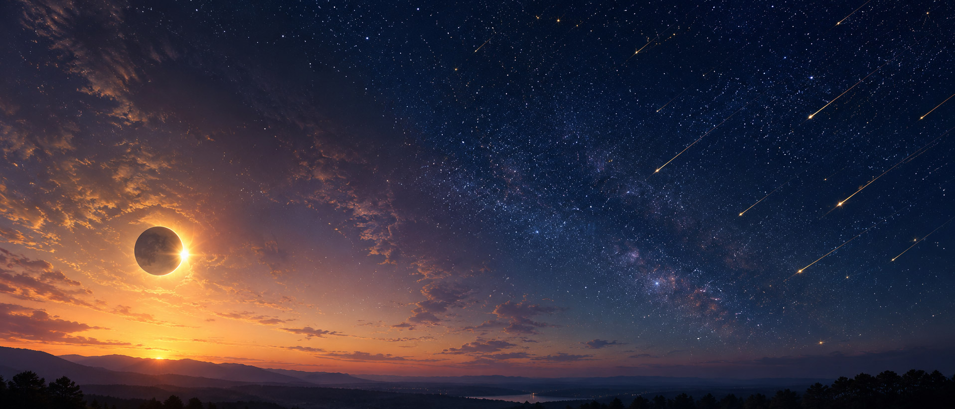 Panoramablick auf einen Himmel, der links von einer partiellen Sonnenfinsternis im goldenen Abendlicht in einen tiefblauen Sternenhimmel mit leuchtenden Perseiden übergeht.