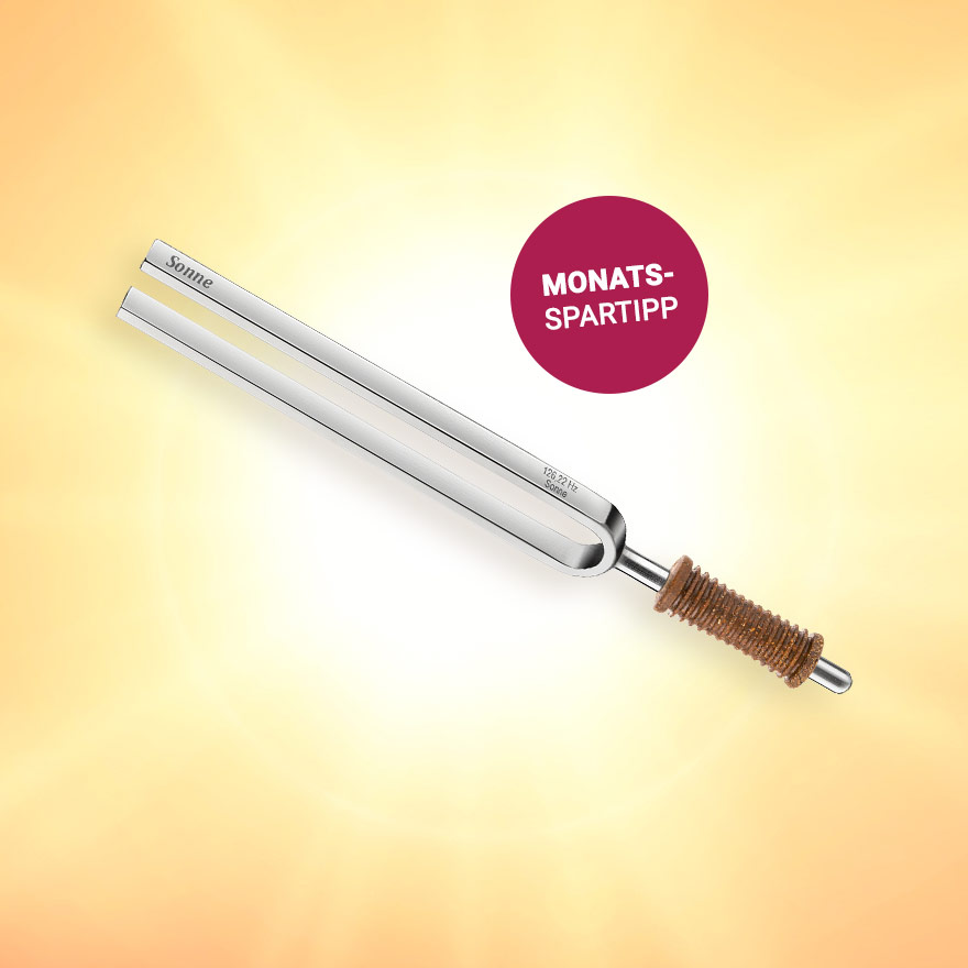 Stimmgabel mit Gravur "Sonne", daneben steht "Monats-Spartipp"
