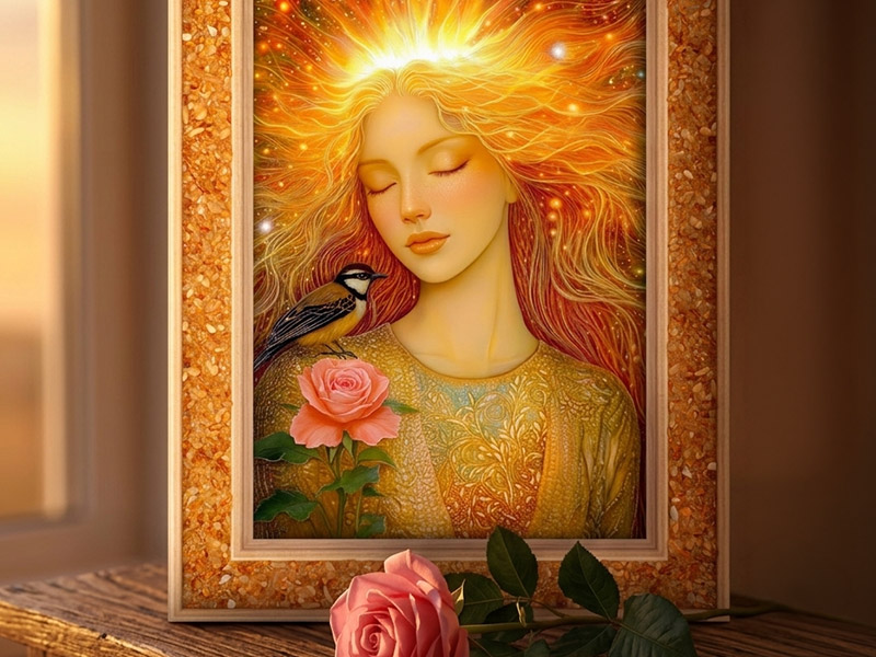 Gerahmtes Energiebild einer strahlenden Frau mit goldenem Haar und Vogel, dekorativ aufgestellt auf einer Kommode, davor eine rosafarbene Rose.