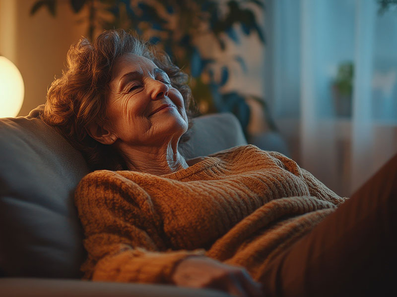 Ältere Frau sitzt entspannt auf dem Sofa, lächelt mit geschlossenen Augen. Sanftes Licht und gemütliche Stimmung vermitteln ein Gefühl von Ruhe und Zufriedenheit am Abend.