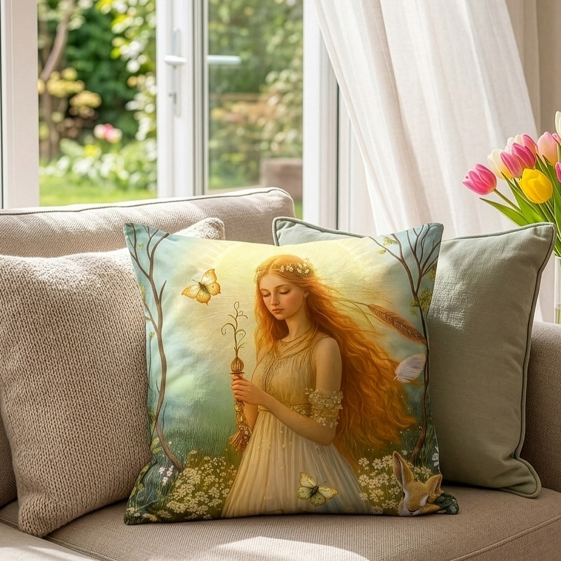 Dekokissen mit romantischer Illustration einer jungen Frau in hellem Kleid, umgeben von Schmetterlingen und Blumen, liegt auf einem Sofa vor einem offenen Fenster.