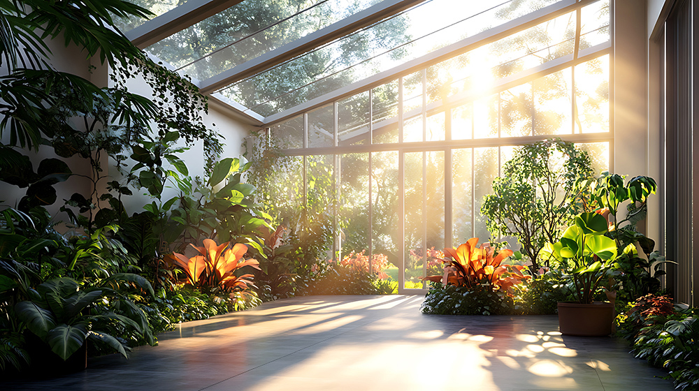 In einem lichtdurchfluteten Wintergarten mit großen Glaswänden gedeihen üppige Zimmerpflanzen und farbenfrohe Blüten im warmen Morgenlicht.