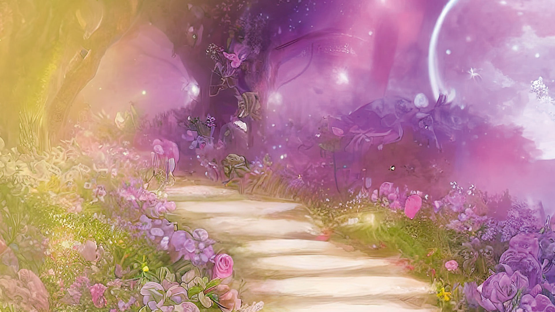 Eine mystische Fantasiewelt in pinken und lila Farbtönen: Ein Weg führt durch ein Blumenmeer zu einer Pforte aus Bäumen, im Hintergrund der Vollmond.