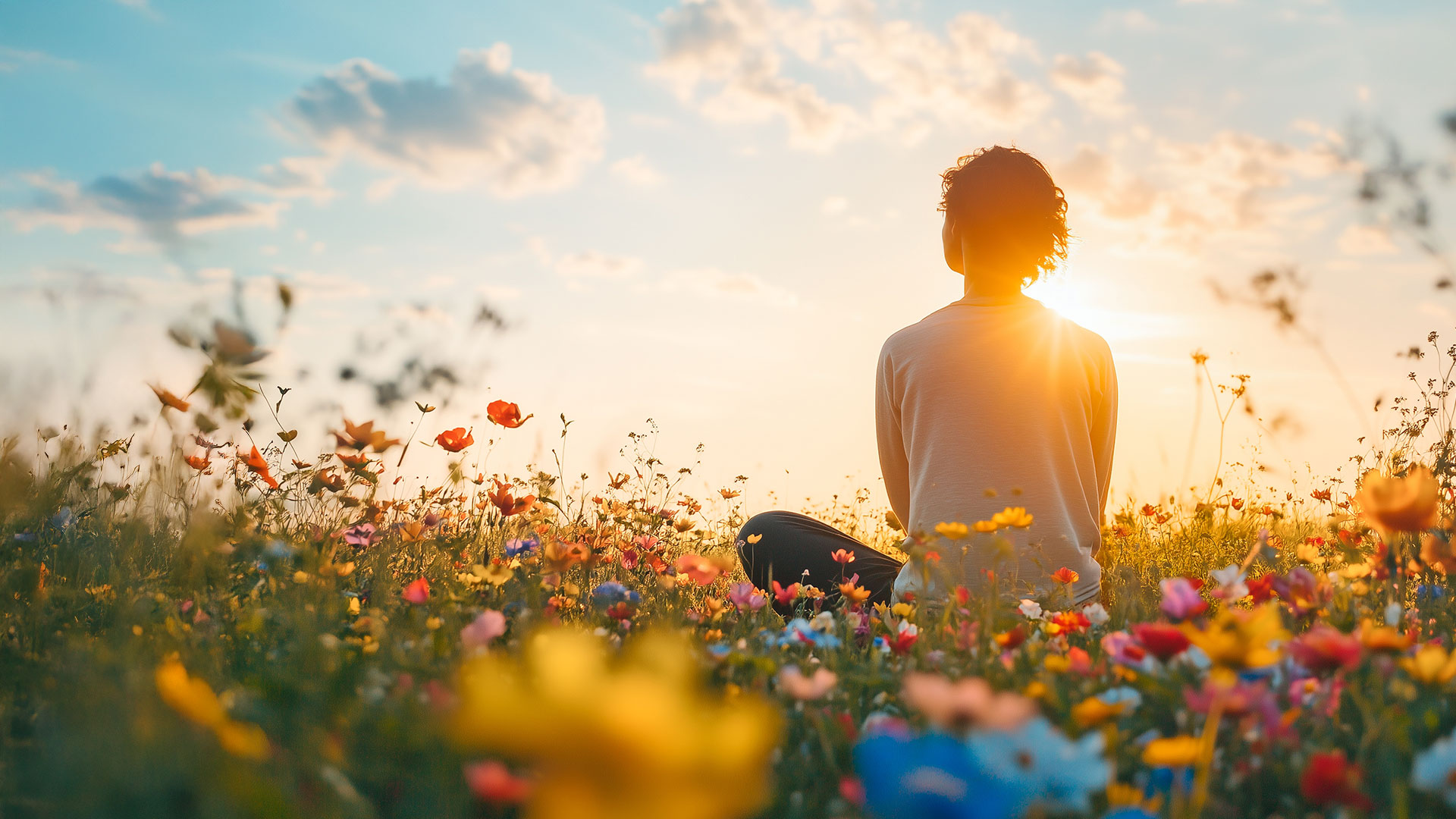 Eine Person sitzt mit dem Rücken zur Kamera inmitten einer bunten Blumenwiese und blickt in den Sonnenuntergang.