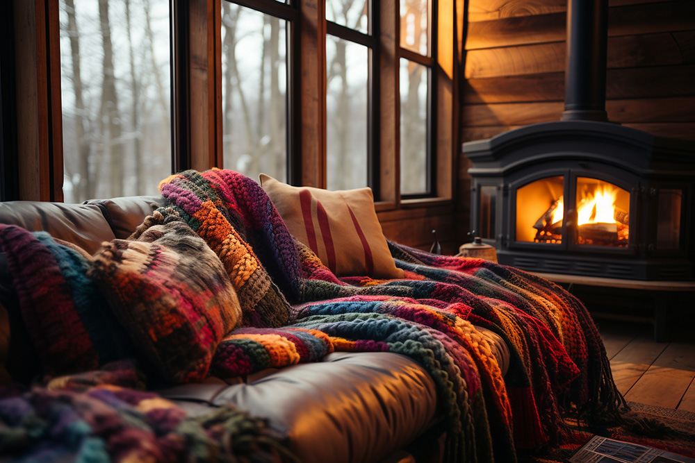 Ein gemütliches Wohnzimmer mit einem Kaminfeuer, einer Leder-Couch und bunten, gestrickten Decken und Kissen vor großen Fenstern mit Blick auf einen winterlichen Wald.