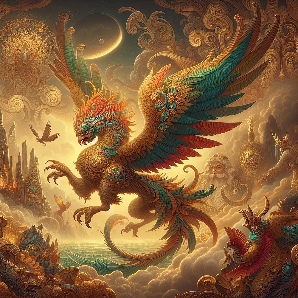 Ein majestätischer Phönix mit smaragdgrünen, goldenen und roten Federn schwebt über einer mystischen Landschaft aus Wolken, Palästen und mythischen Wesen, umhüllt von epischem, goldenem Licht.