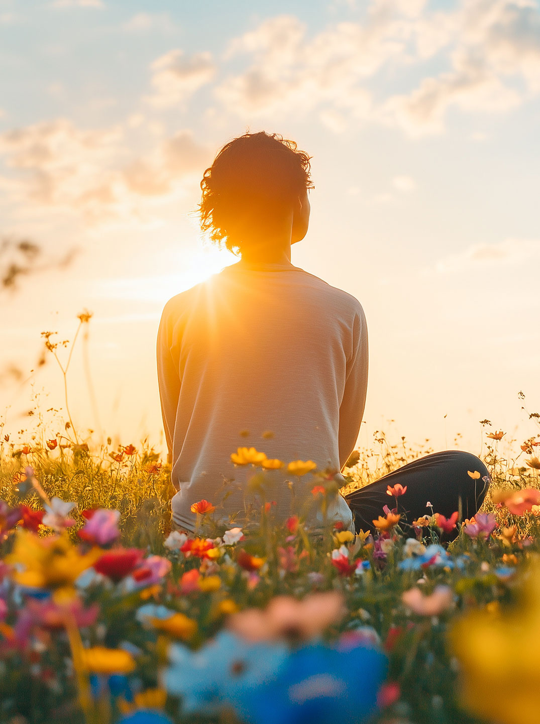 Eine Person sitzt mit dem Rücken zur Kamera inmitten einer bunten Blumenwiese und blickt in den Sonnenuntergang.