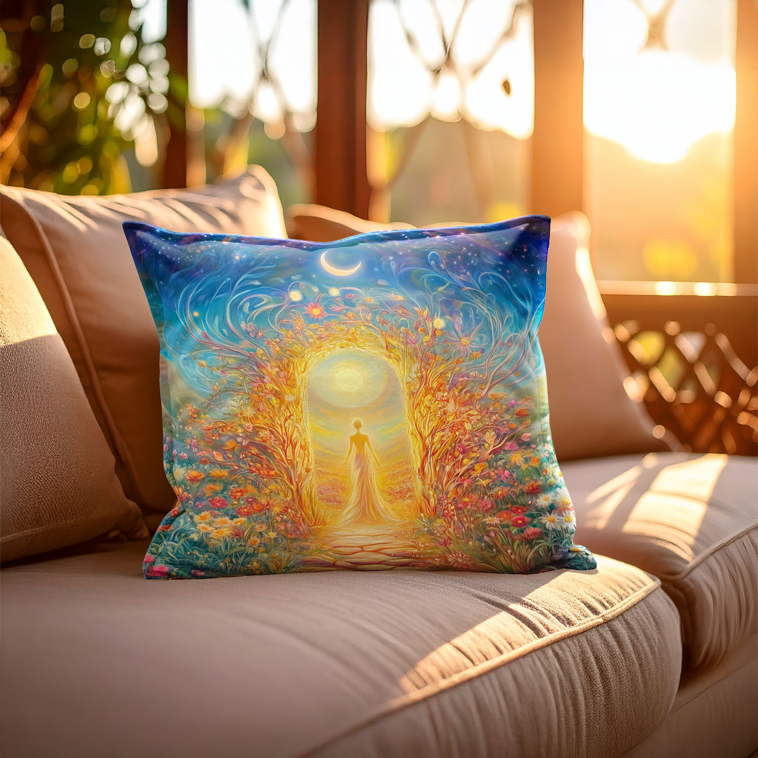 Auf einem sonnenbeschienenen Sofa liegt ein dekoratives Kissen. Es zeigt eine zarte, menschliche Silhouette, die durch ein von Blumen umrahmtes, goldenes Tor in ein strahlendes Licht schreitet. 