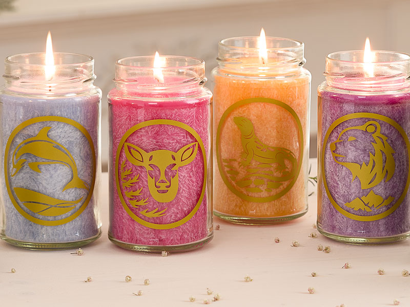 Duftkerzen im Glas in verschiedenen Farben mit verschiedenen, als goldenes Emblem aufgedruckten Krafttier-Motiven: Wolf, Delfin, Reh, Salamander, Bär, Rabe, Schlange.