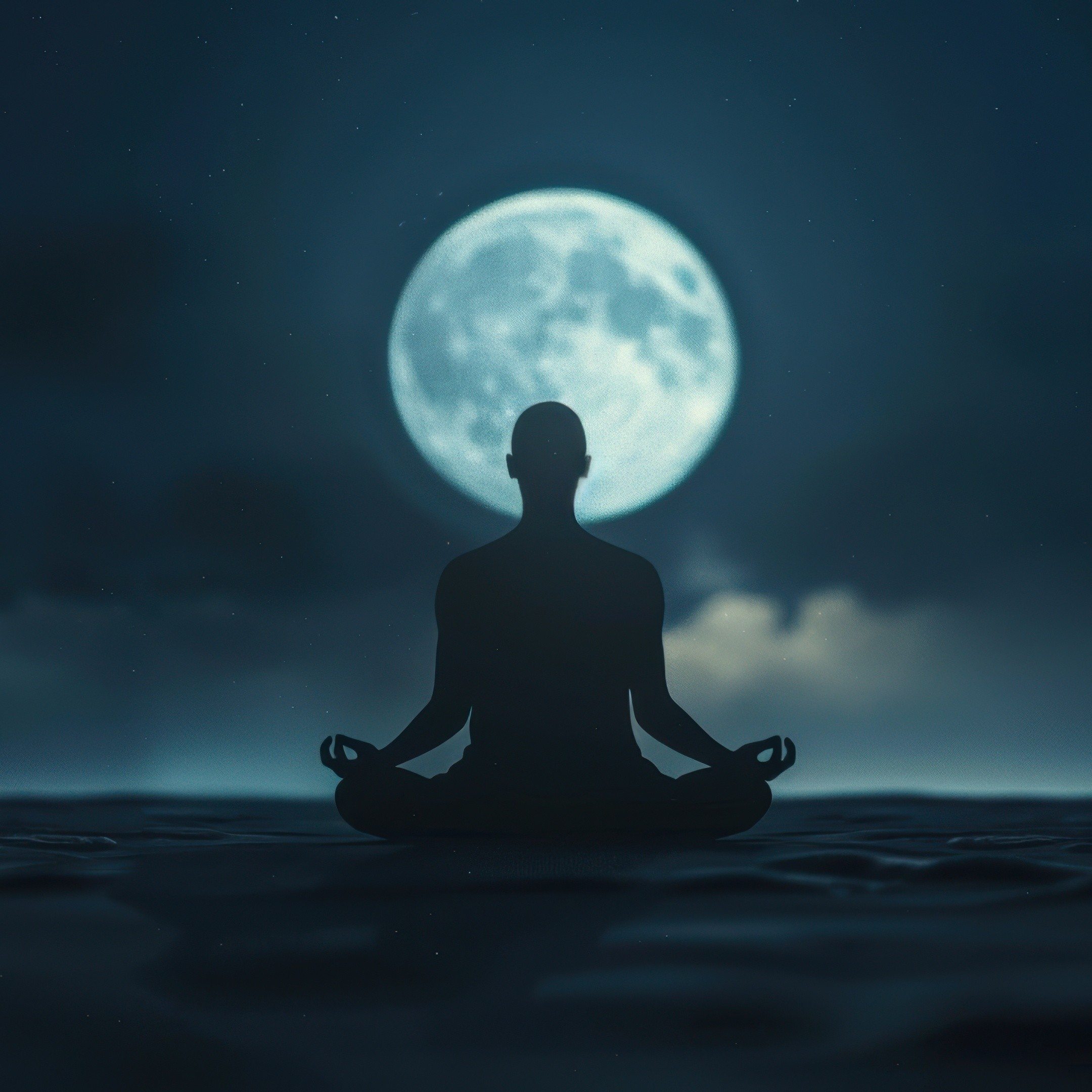 Eine Person meditiert im Lotussitz vor einem großen, leuchtenden Vollmond in einer dunklen, nächtlichen Landschaft.