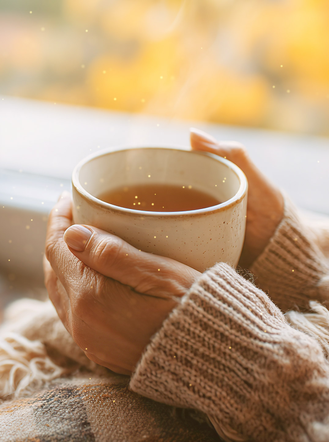 In ein weiches Plaid gehüllte Hände halten eine dampfende Tasse Tee, im Hintergrund goldene Herbstblätter. Die Szene ist in warmes Licht getaucht.