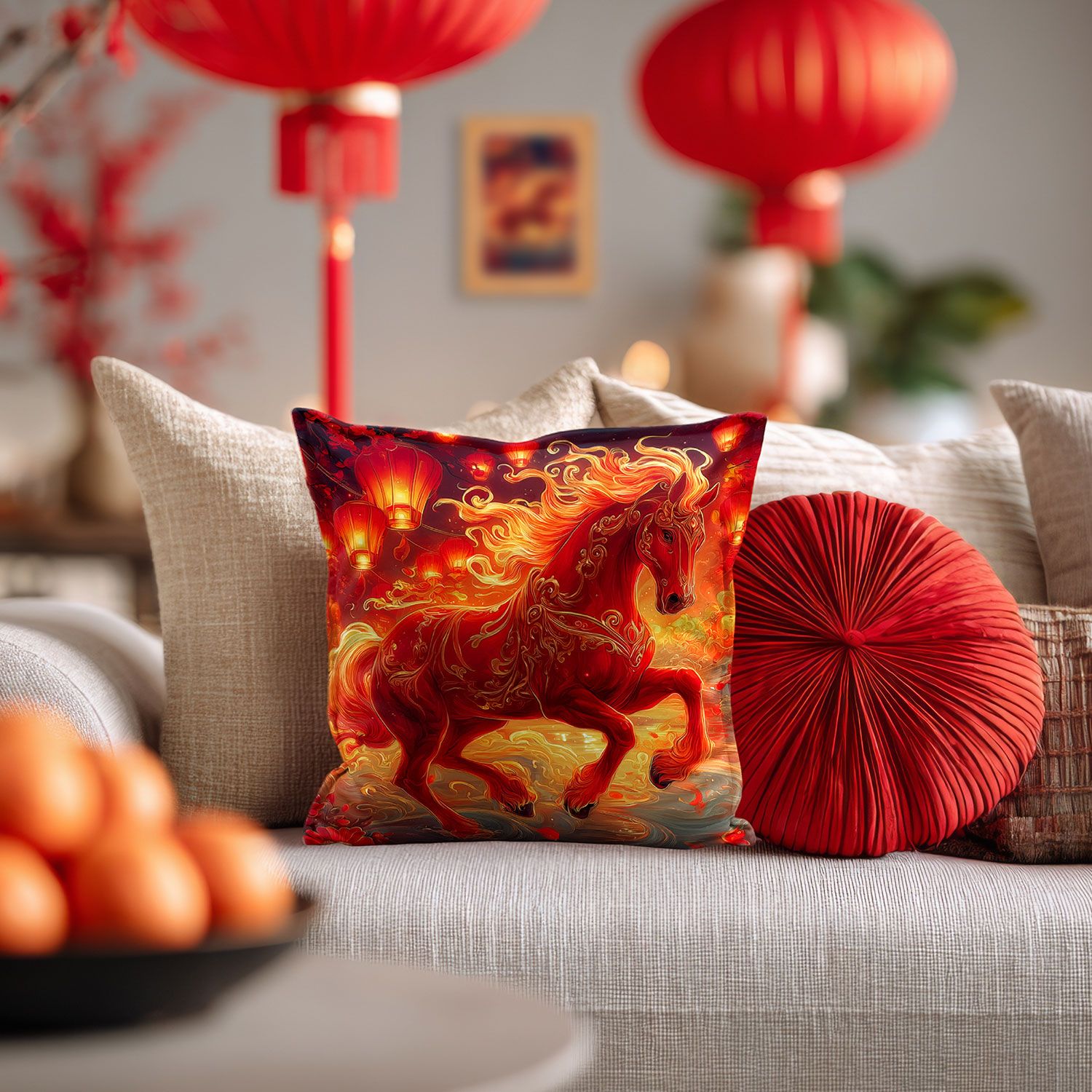 Dekorative Kissenhülle mit leuchtendem Pferdemotiv in Rot und Gold, umgeben von Laternen und Flammen, auf einem Sofa mit chinesischem Neujahrsdekor – ein kräftiges Symbol für Energie und Lebensfreude.