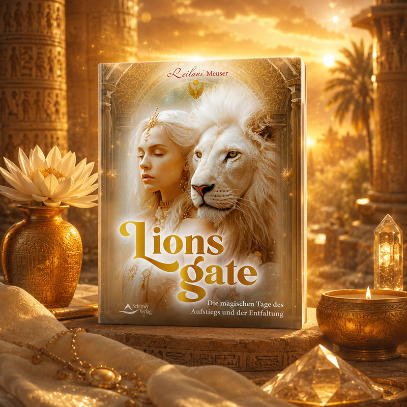 Das Buch „Lions Gate“ steht auf einem steinernen Sockel in einem goldenen, altägyptisch inspirierten Ambiente. Lotusblüte, Kristalle und Kerzen rahmen das Cover vor Säulen und einer sonnendurchfluteten Tempellandschaft ein.