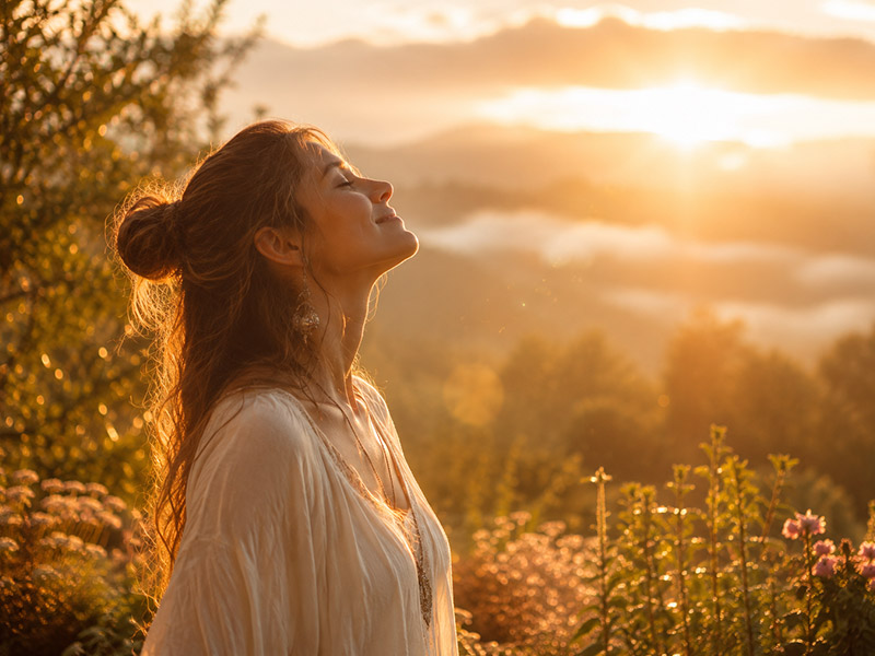 Frau in heller Kleidung steht mit geschlossenen Augen in der Morgensonne. Warmes Licht taucht die hügelige Landschaft und blühende Pflanzen in goldene Farben.
