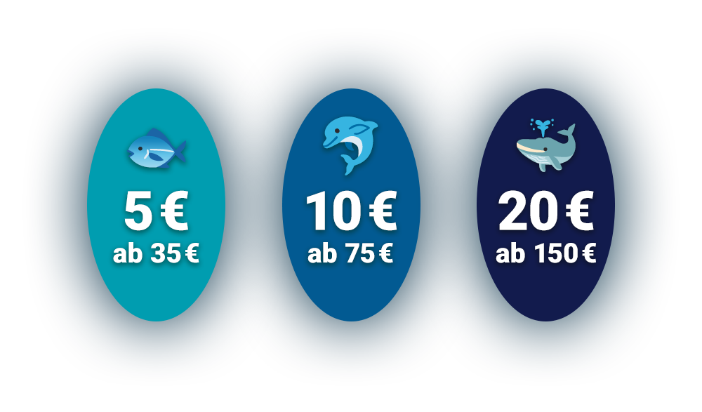Grafik mit drei Rabattstufen auf dunkelblauem Hintergrund: Fisch – 5 € Rabatt ab 35 € Bestellwert, Delfin – 10 € Rabatt ab 75 € Bestellwert und Wal – 20 € Rabatt ab 150 € Bestellwert.