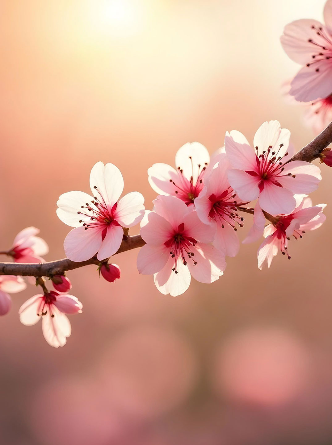 Zarter Kirschblütenzweig mit rosafarbenen Blüten im warmen Licht, sanft verschwommener Hintergrund in Pastelltönen. Die filigranen Blüten stehen für Frühling, Neubeginn und einen ruhigen, lichtvollen Moment.