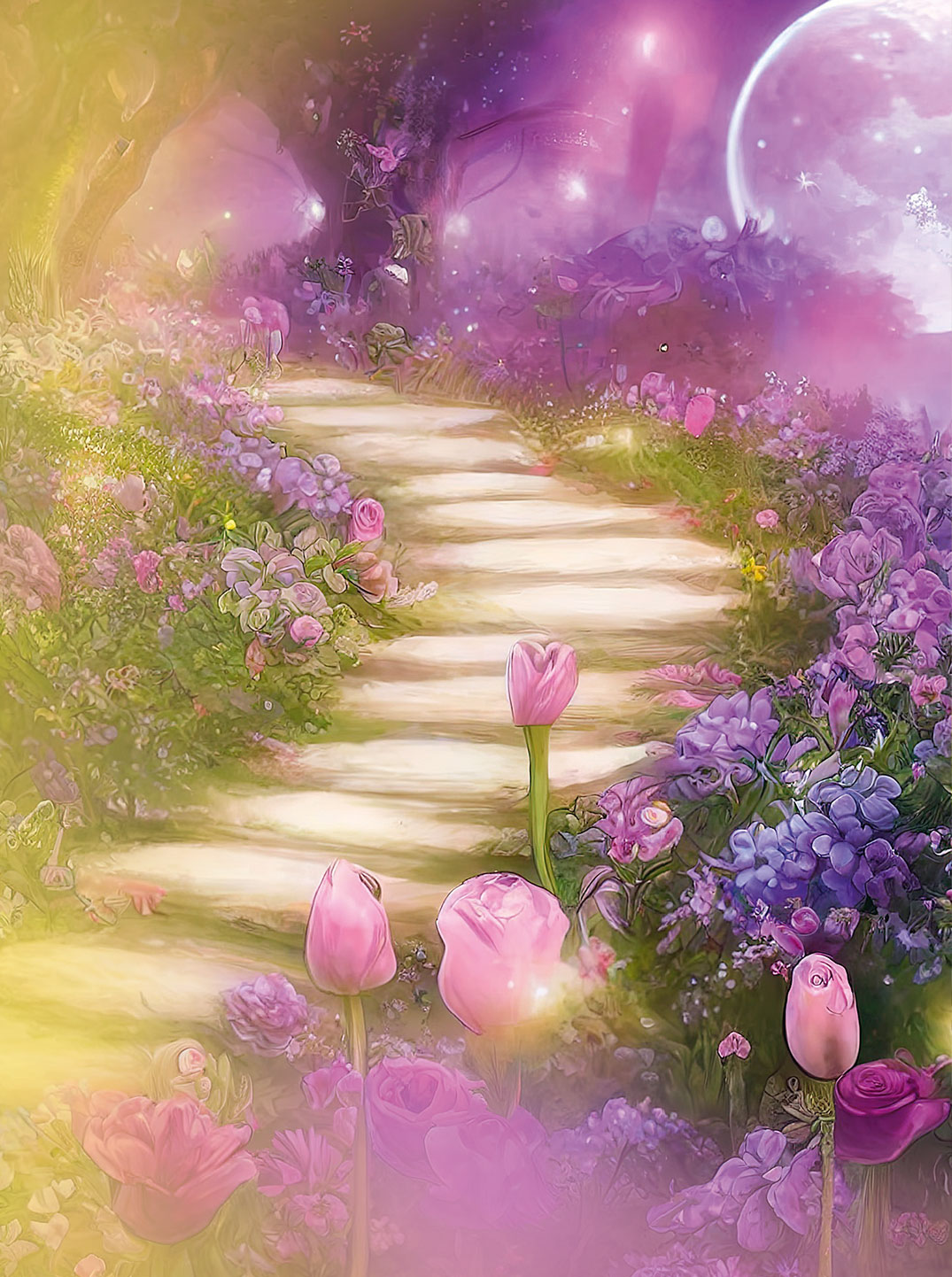 Eine mystische Fantasiewelt in pinken und lila Farbtönen: Ein Weg führt durch ein Blumenmeer zu einer Pforte aus Bäumen, im Hintergrund der Vollmond.
