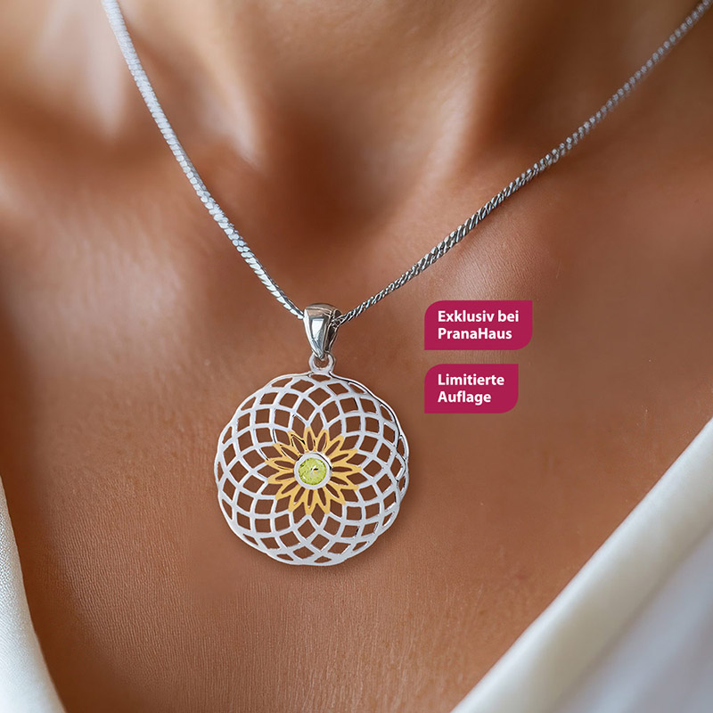 Nahaufnahme eines edlen Silberanhängers in Form eines durchbrochenen, runden Blütenornaments 'Lotus des Lebens', das in der Mitte vergoldet ist und von einem Peridot geschmückt wird.