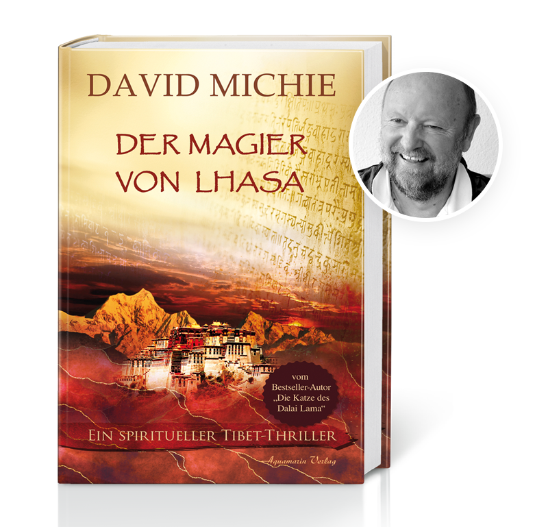 Cover des Buches "Der Magier von Lhasa", daneben das Porträt von Dr. Peter Michel.