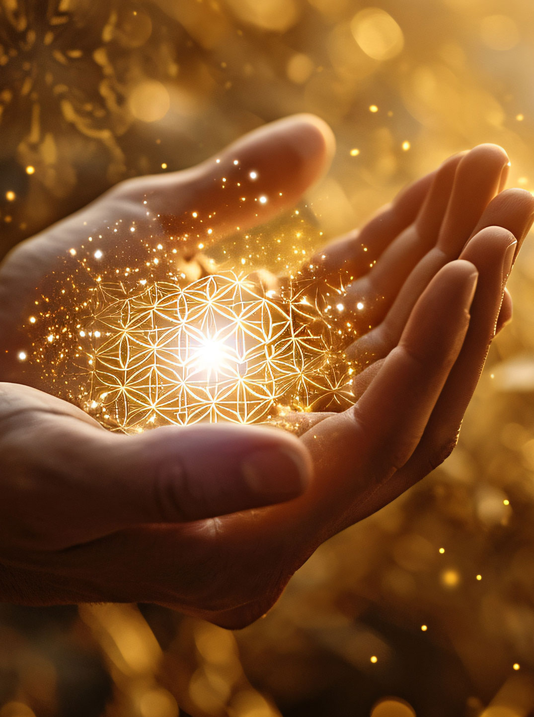 Zwei geöffnete Hände halten ein leuchtendes Symbol der Blume des Lebens, das in goldenem Licht erstrahlt und von glitzernden Funken umgeben ist. Die Szene vermittelt ein Gefühl von Energie, Achtsamkeit und spiritueller Verbundenheit. 