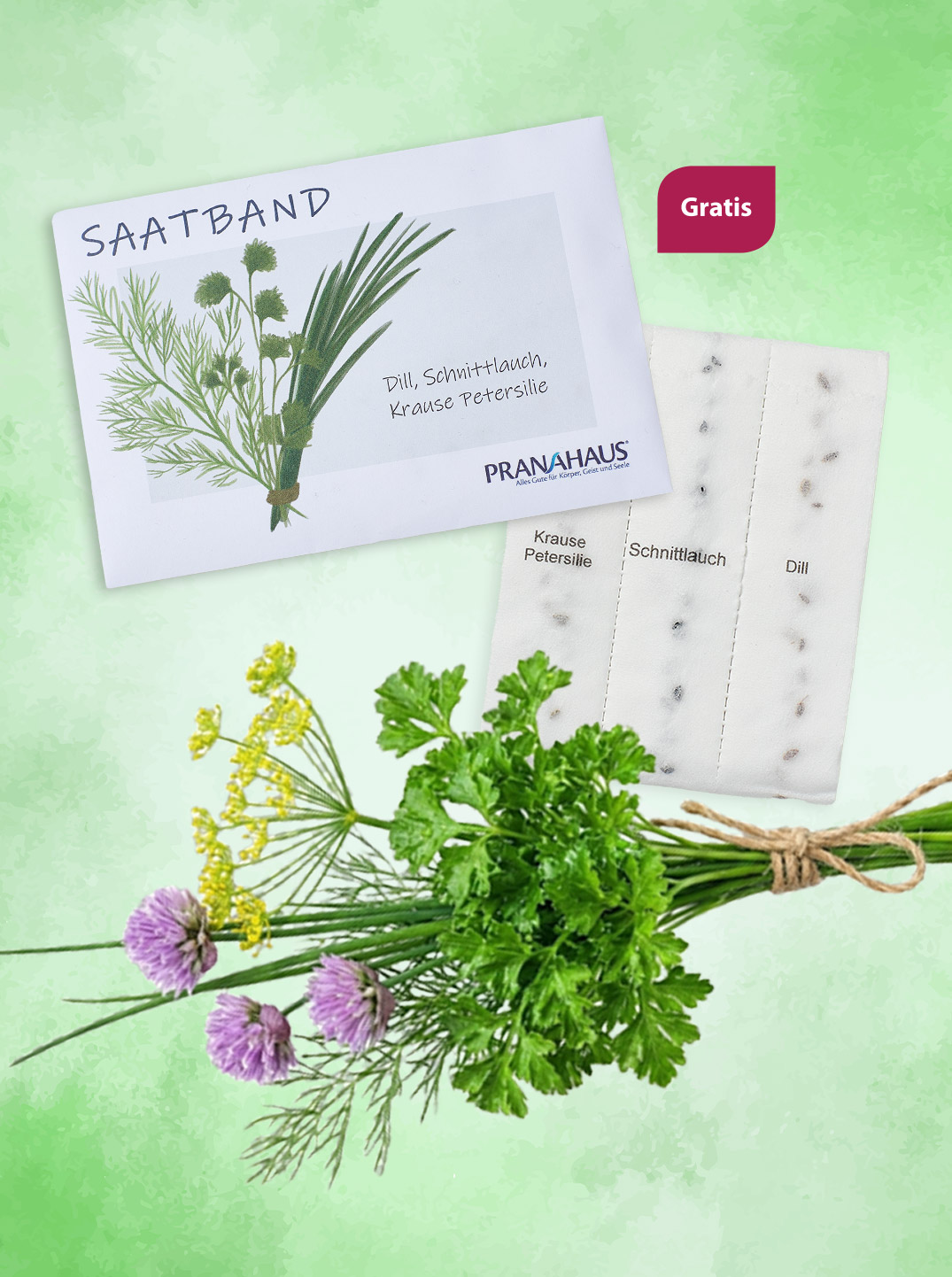 Saatband-Set von PranaHaus mit den Kräutern Dill, Schnittlauch und krauser Petersilie. Abgebildet sind beschriftete Saatstreifen, eine Karte mit Illustration sowie frische Kräuterbündel, dazu der Hinweis „Gratis“.