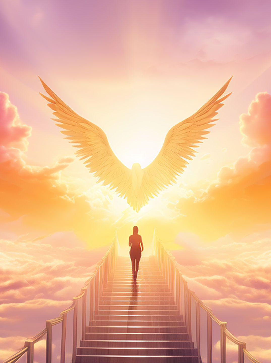 Eine Person steigt eine Treppe empor, die durch leuchtende Wolken führt und im strahlenden Licht endet. Dort erhebt sich majestätisch eine Engelsgestalt – ein Symbol für Schutz, Hoffnung und himmlische Führung. 
