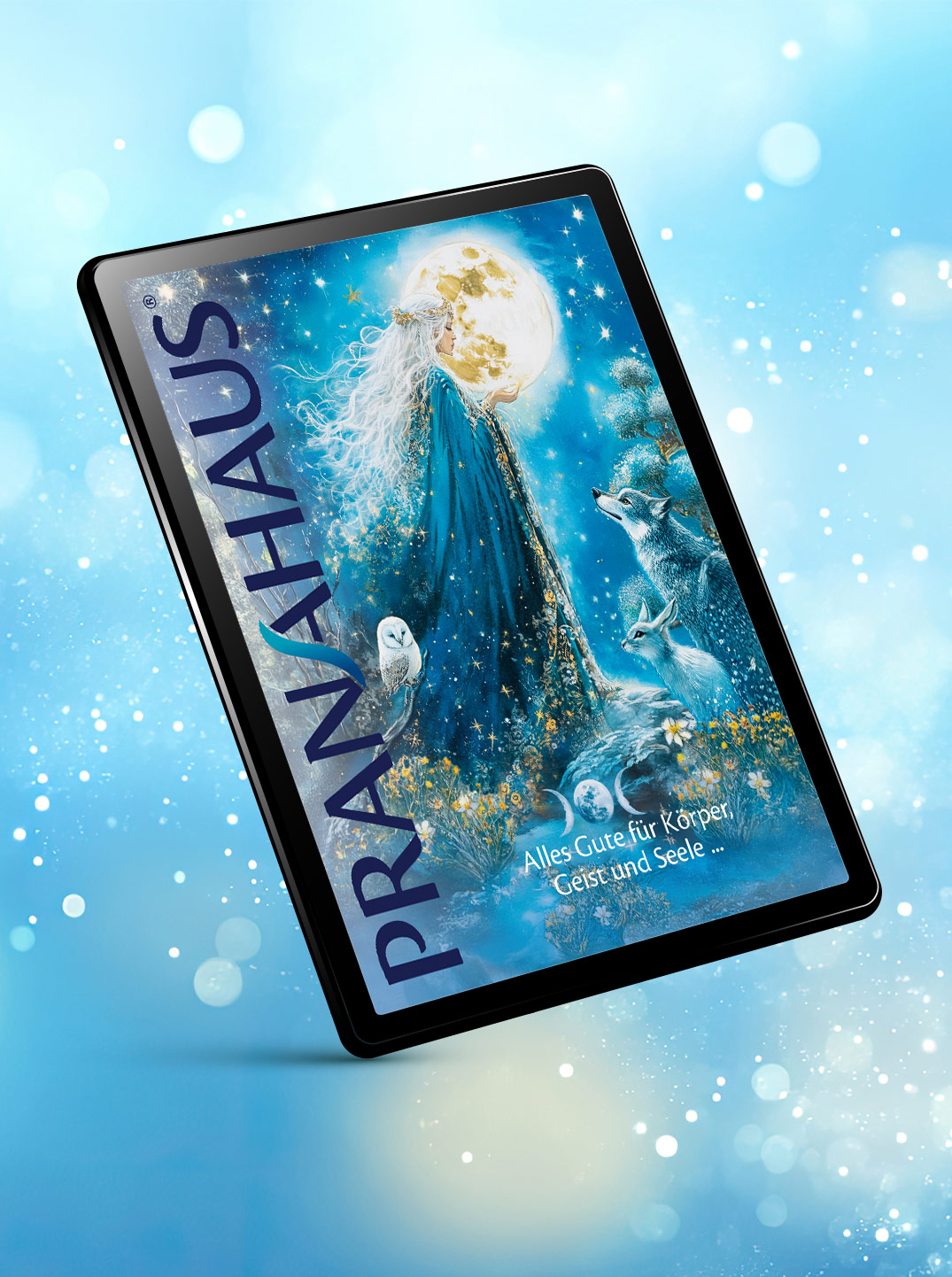 Auf einem Tablet ist der neue Blätterkatalog von PranaHaus aufgerufen. Das Cover zeigt eine in türkis gewandte Mondgöttin.