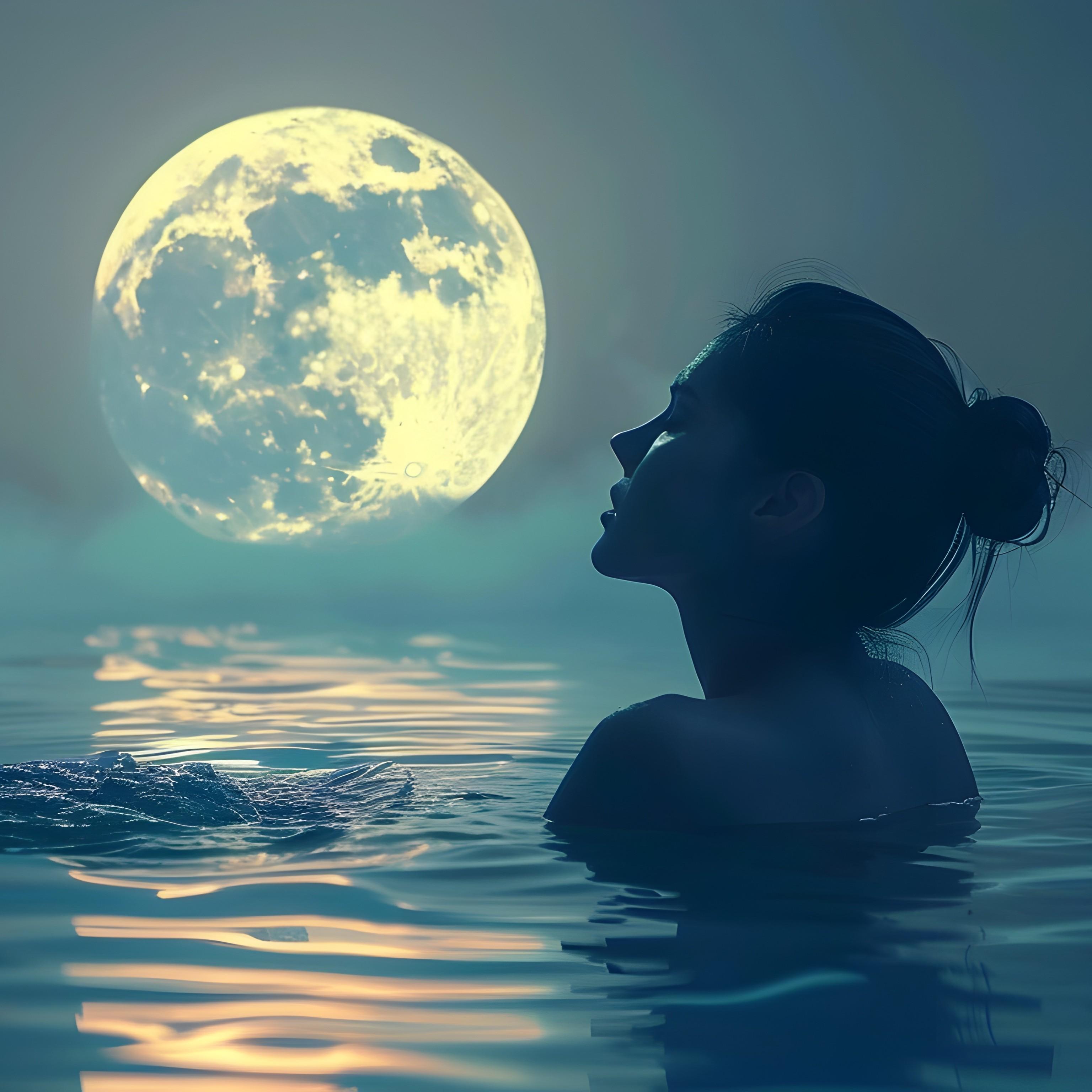 Eine Frau mit hochgesteckten Haaren sitzt in stillem Wasser und blickt verträumt zum hell leuchtenden Vollmond am Nachthimmel.