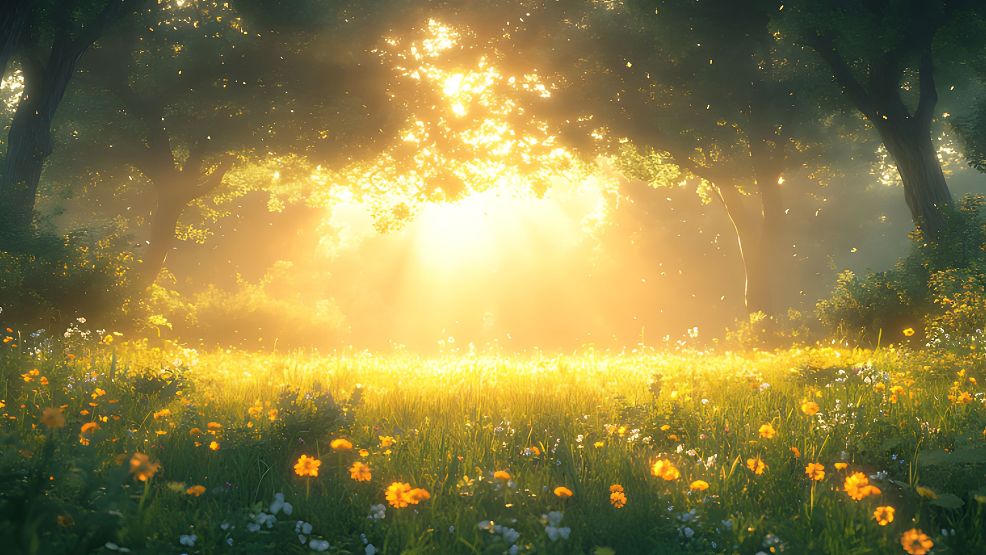Goldenes Sonnenlicht bricht durch die Kronen alter Bäume und taucht eine friedliche Waldlichtung in warmes Strahlen. Im Vordergrund blühen unzählige gelbe und weiße Wildblumen.