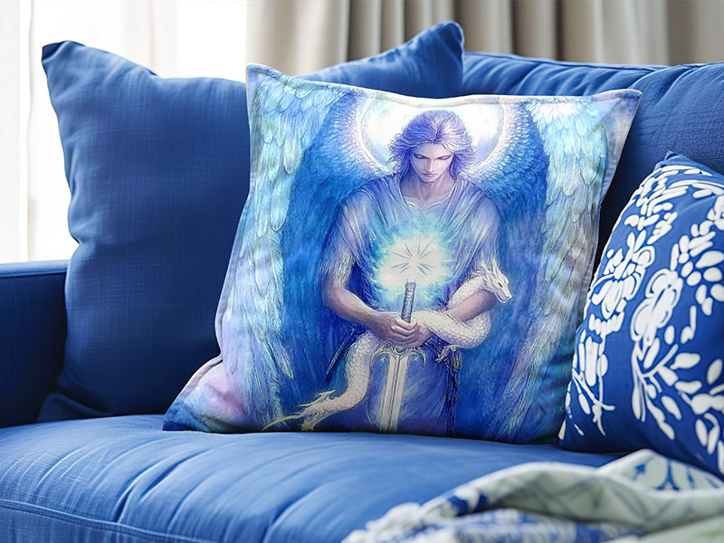 Ein dekoratives Kissen auf einem Sofa zeigt eine eindrucksvolle Darstellung des Erzengels Michael in leuchtenden Blautönen. Die Engelsfigur mit leuchtendem Schwert strahlt Stärke, Klarheit und Schutz aus.