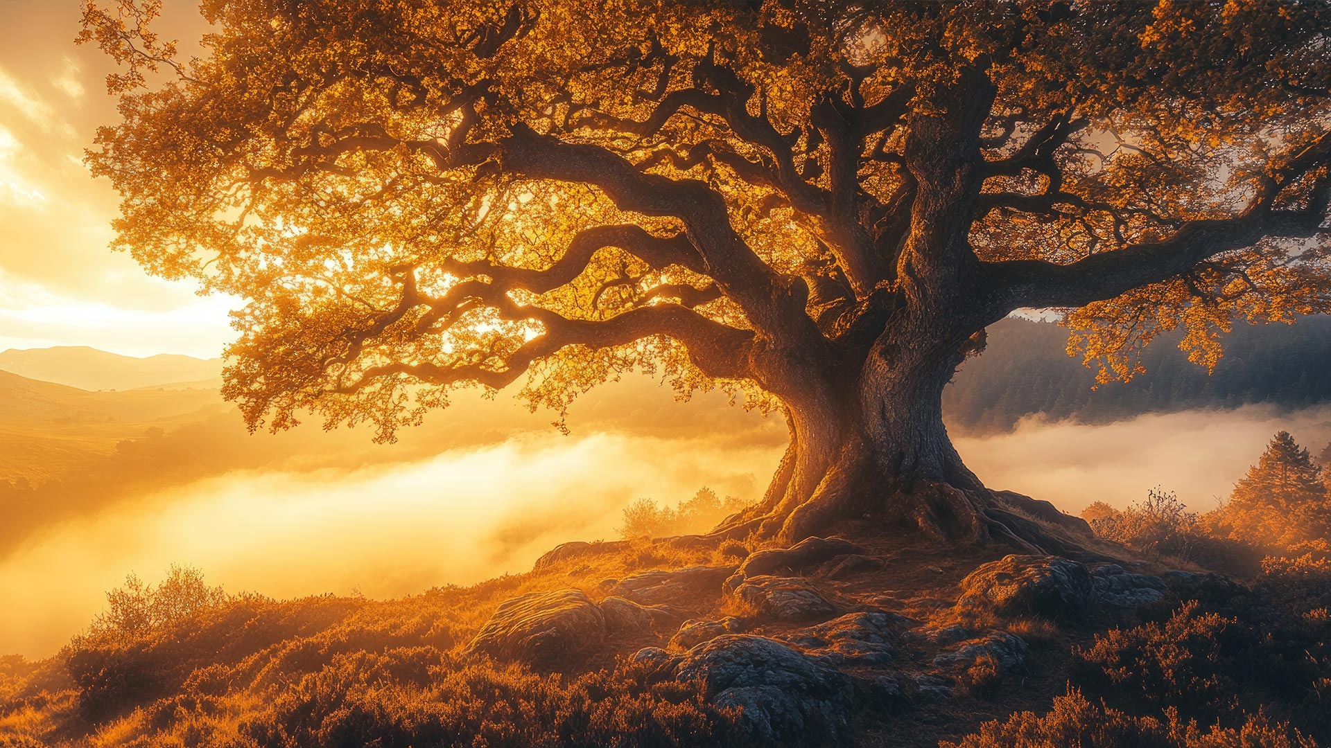 Ein mächtiger, uralter Baum steht auf einem Hügel, dessen ausladende Äste sich schützend über die Landschaft wölben – ein Symbol für Lebenskraft und Beständigkeit. Die Szene ist in goldenes Morgenlicht getaucht. Nebelschwaden ziehen durch das Tal.