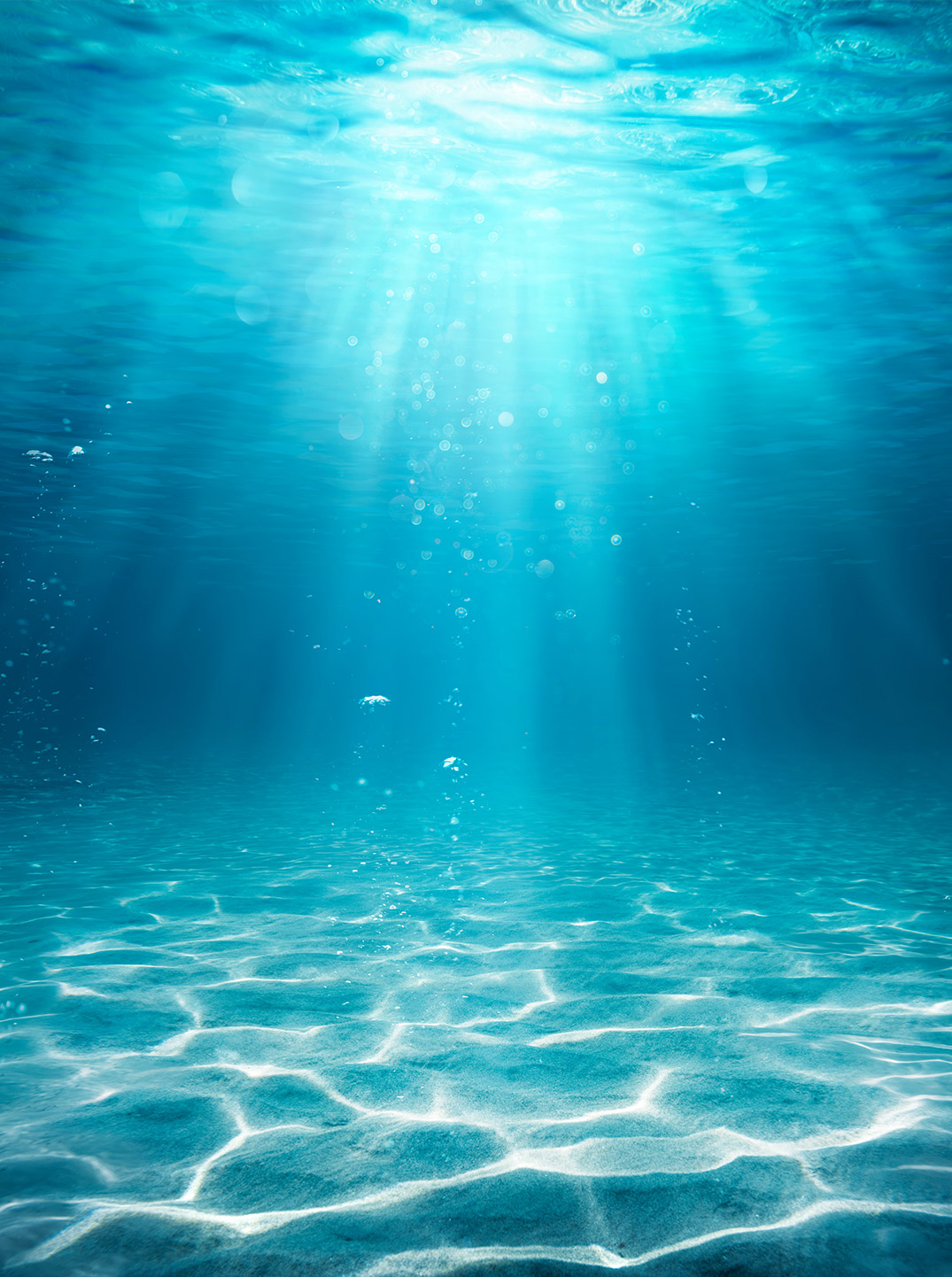 Sonnenstrahlen dringen durch die ruhige Wasseroberfläche in tiefblaues, klares Wasser. Luftblasen steigen vom sandigen Meeresboden auf und verleihen der stillen Unterwasserlandschaft eine friedliche, schwebende Atmosphäre.