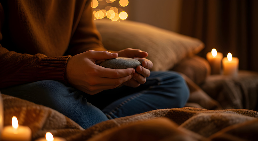 Eine Person sitzt im Schneidersitz auf einem Bett, hält einen glatten Stein in den Händen, umgeben von warmem Kerzenlicht und gemütlicher Atmosphäre.